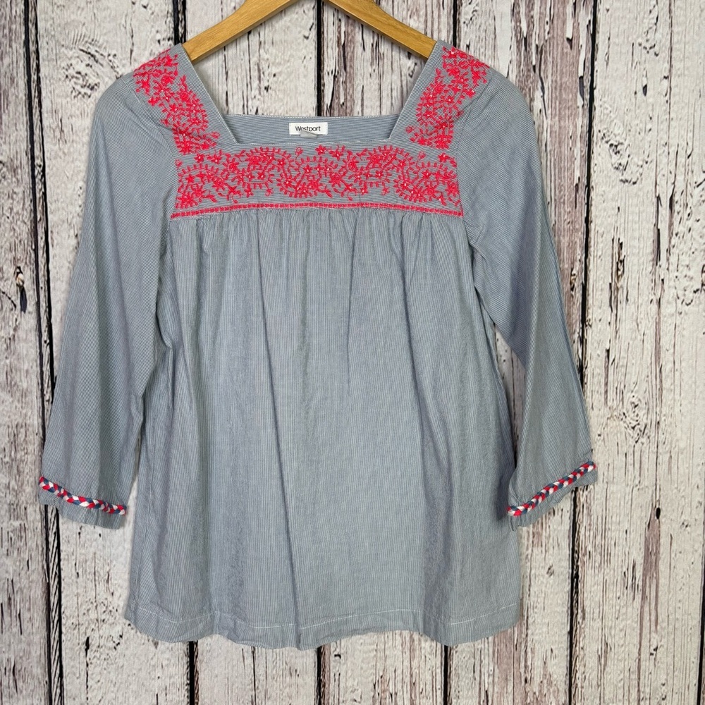 Westport Women’s XS Striped Peasant Blouse Top Square Neck‎ 3/4 Sleeve Embroider